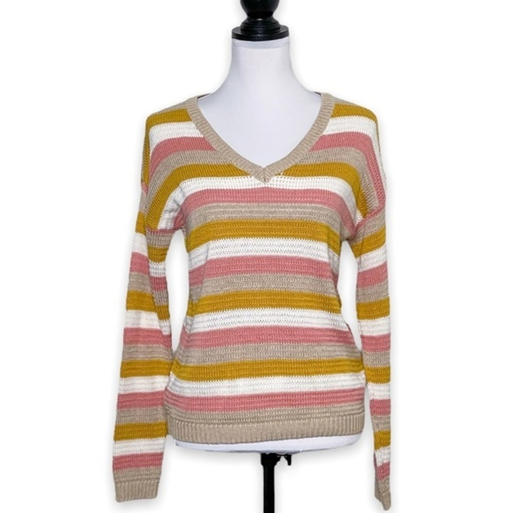 Marled Reunited Clothing Striped Knit Sweater Beige Pink Yellow White Small